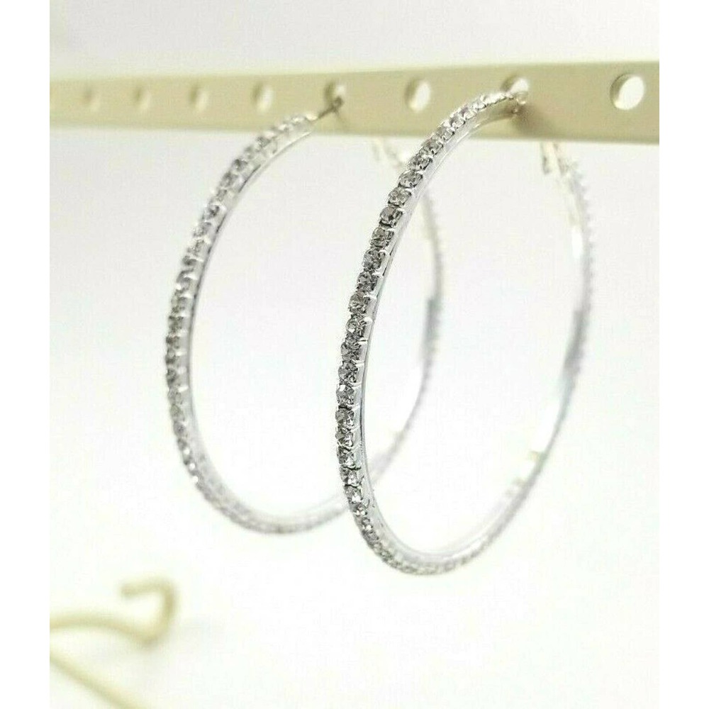 Large Hoop Earrings Silver with Small Rhinestones